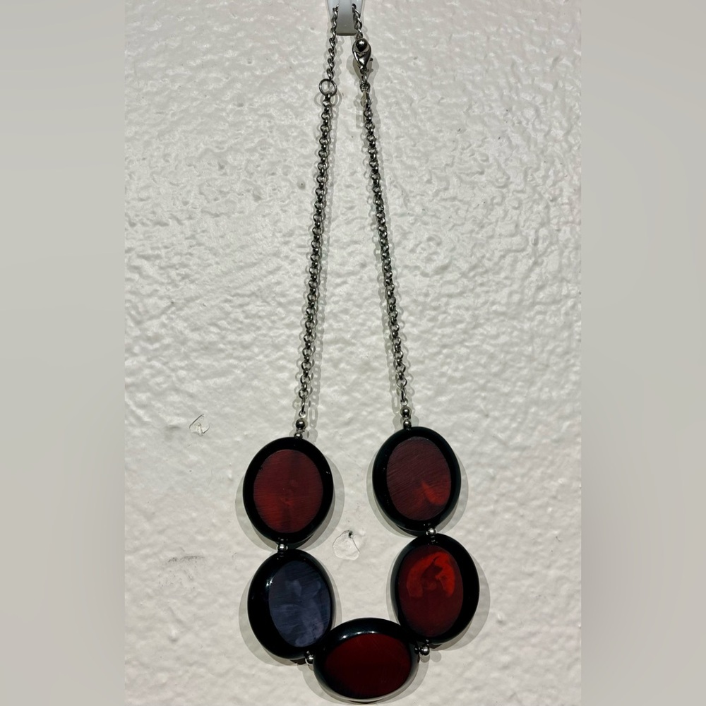 Laura Ashley Pendant Necklace with Translucent Red, Black & Blue Oval Stones